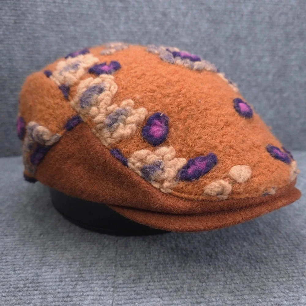 Koutake Newsboy Hat Womens Orange Purple Floral Textured Wool Blend Boho Art
